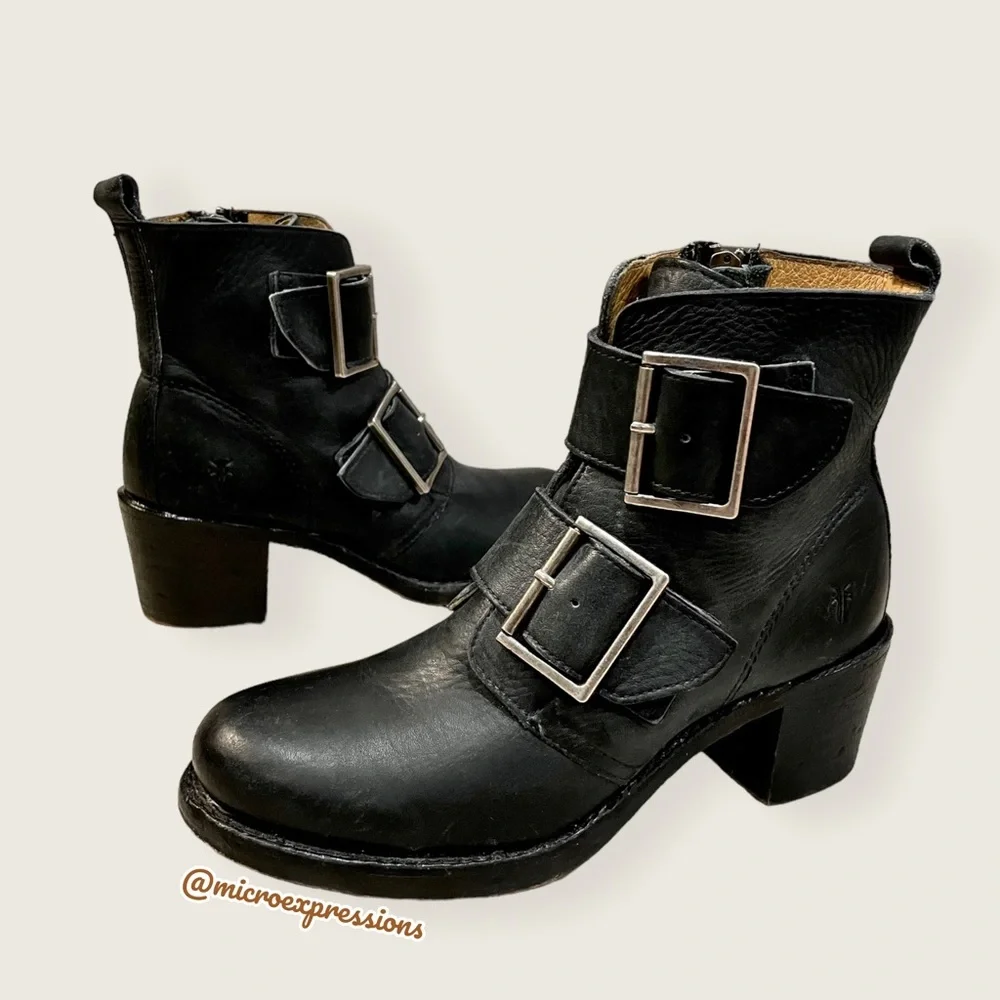 Frye Sabrina Double Buckle Vintage Academia Black Leather Block Heel Ankle Boot - Picture 9 of 16